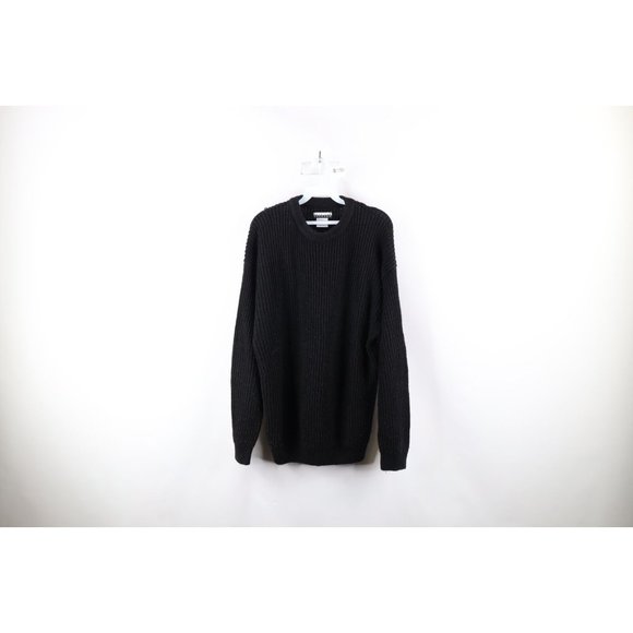 Vtg 90s Streetwear Mens Large Distressed Blank Chunky Ribbed Knit Sweater Black